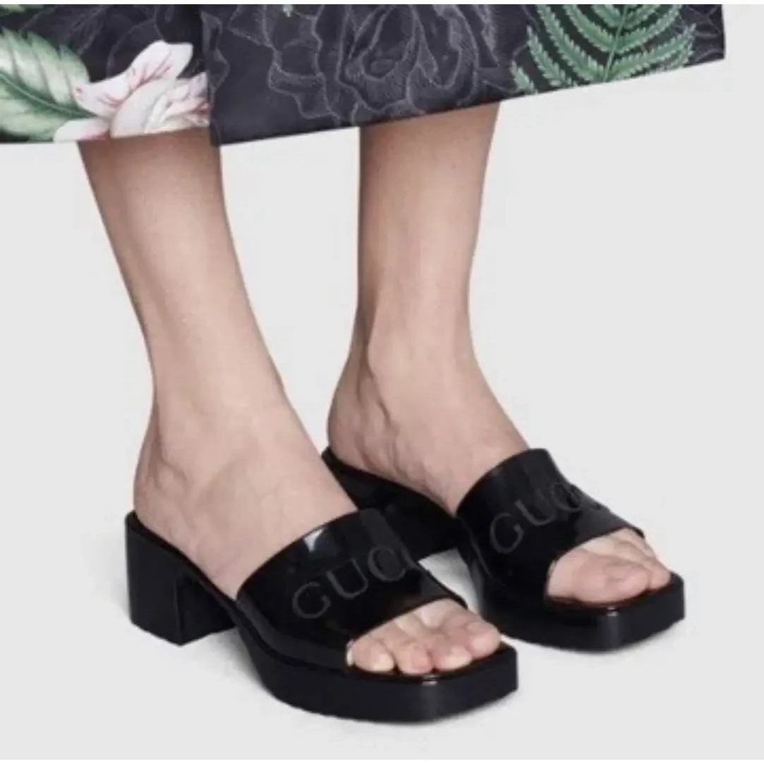 Gucci Rubber Logo Platform 20/60mm Slide Sandals 624730- Black - 7 Us / 37